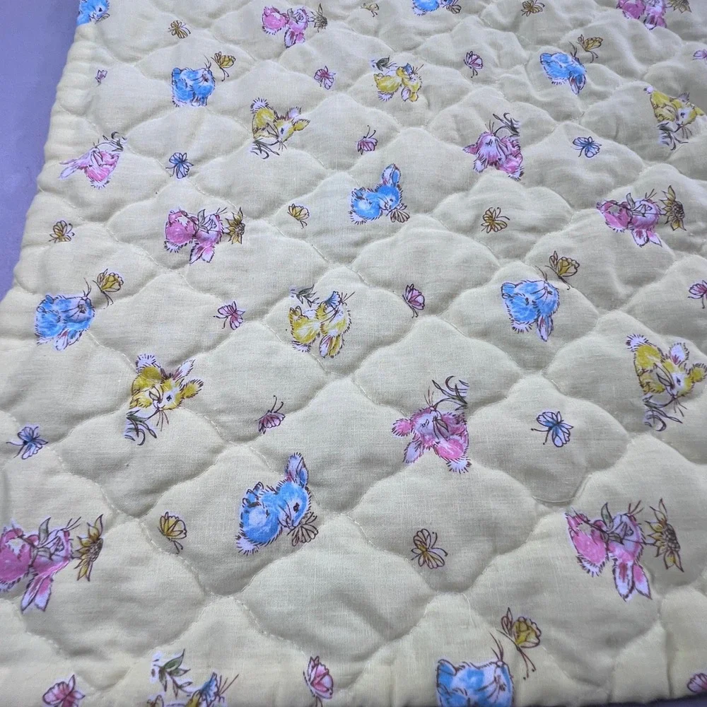 Vintage Bunny Butterfly Baby Quilt Blanket and Ruffled Pillow Sham Set Yellow